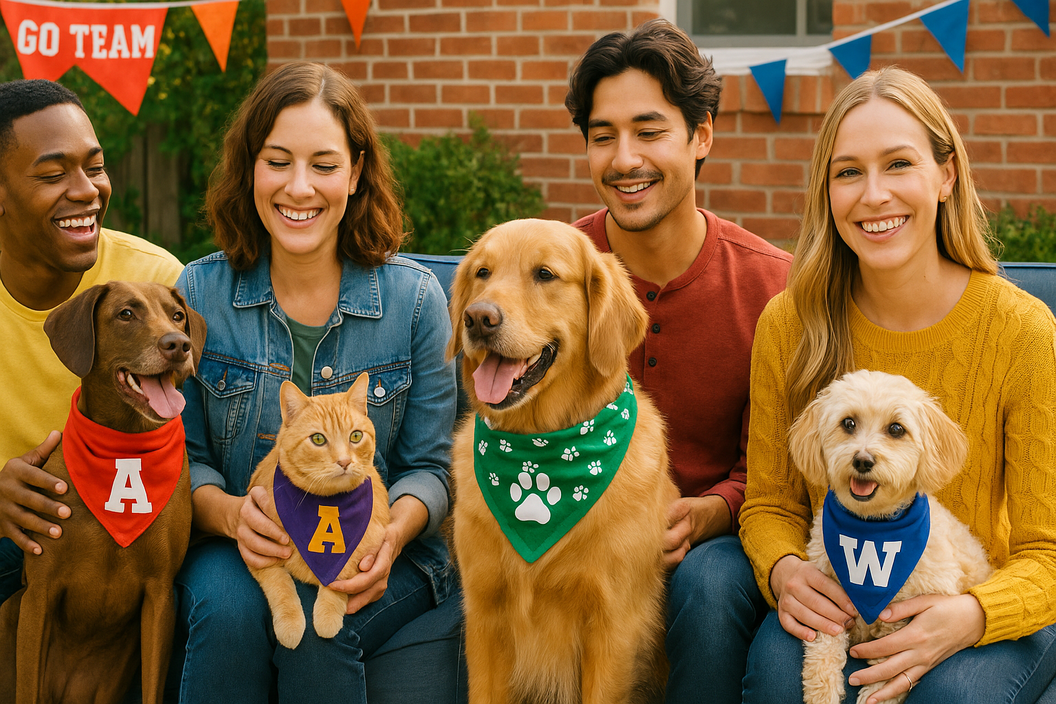 Lifestyle banner with diverse pet owners and their pets wearing custom bandanas at a backyard tailgate party